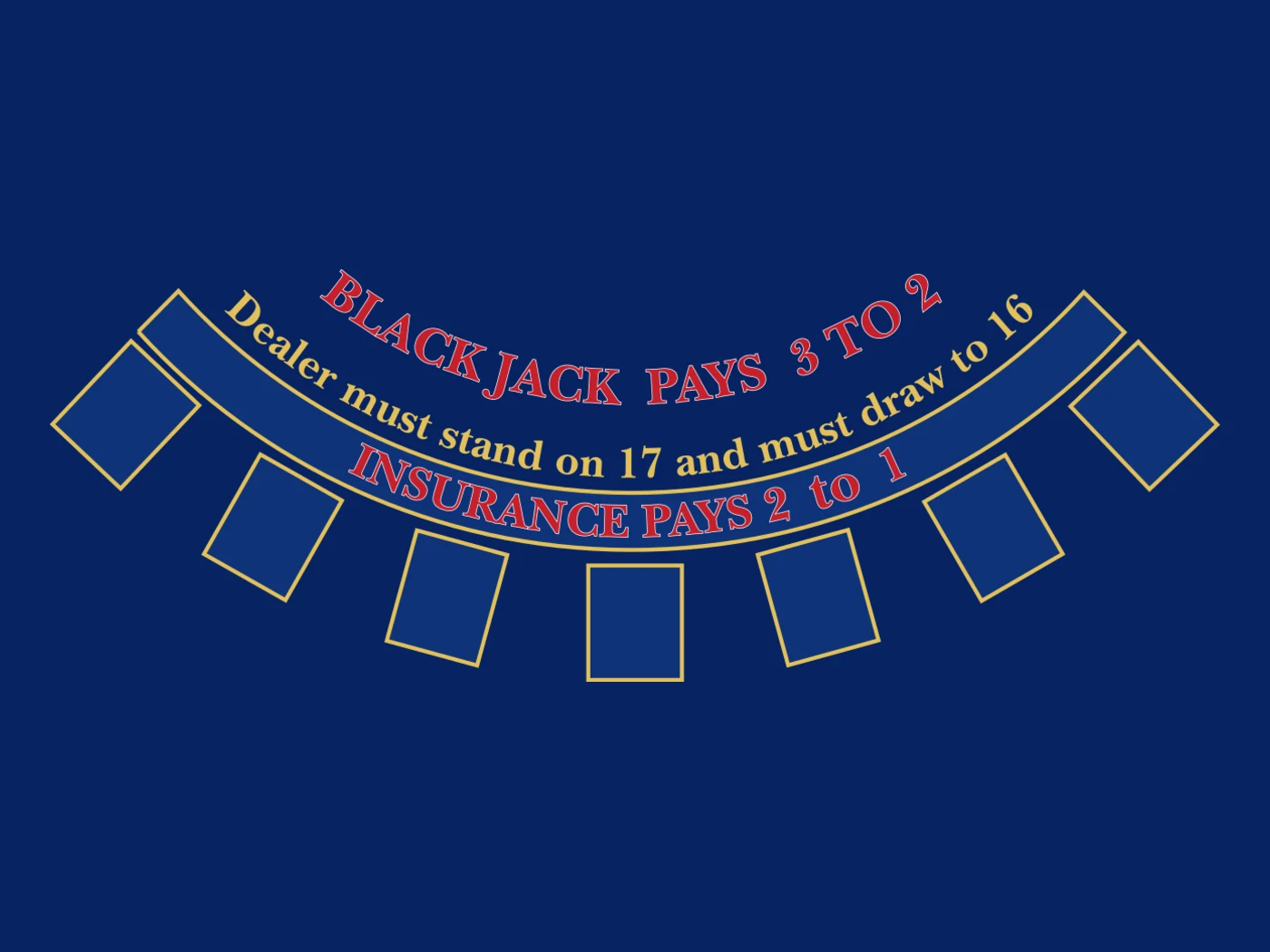 Blackjack casino table layout printed on navy Velvetine cloth