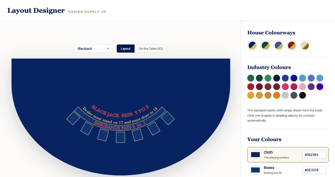 The Layout Design Tool showing a navy Blackjack layout beside colour swatches for cloth, boxes, detailing and lettering